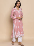 HOUSE OF KARI Floral Embroidered Fizaa Chikankari Pure Cotton Straight Kurta | Grocsy