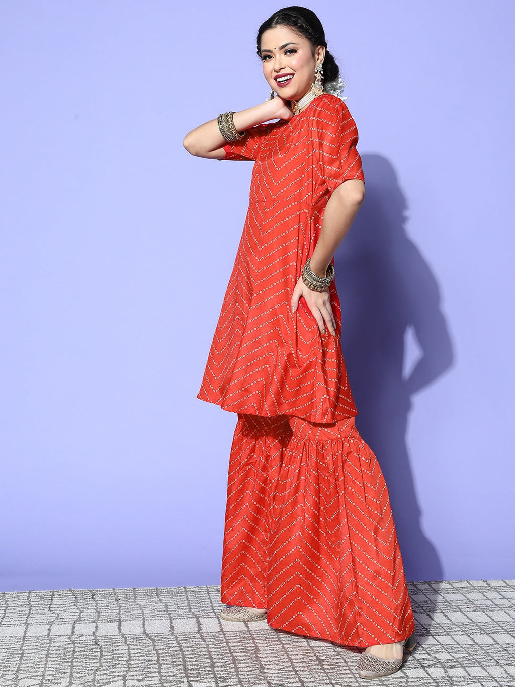 HERE&NOW Women Bandhani Polyester Fusion Bottom Kurta Set | Grocsy