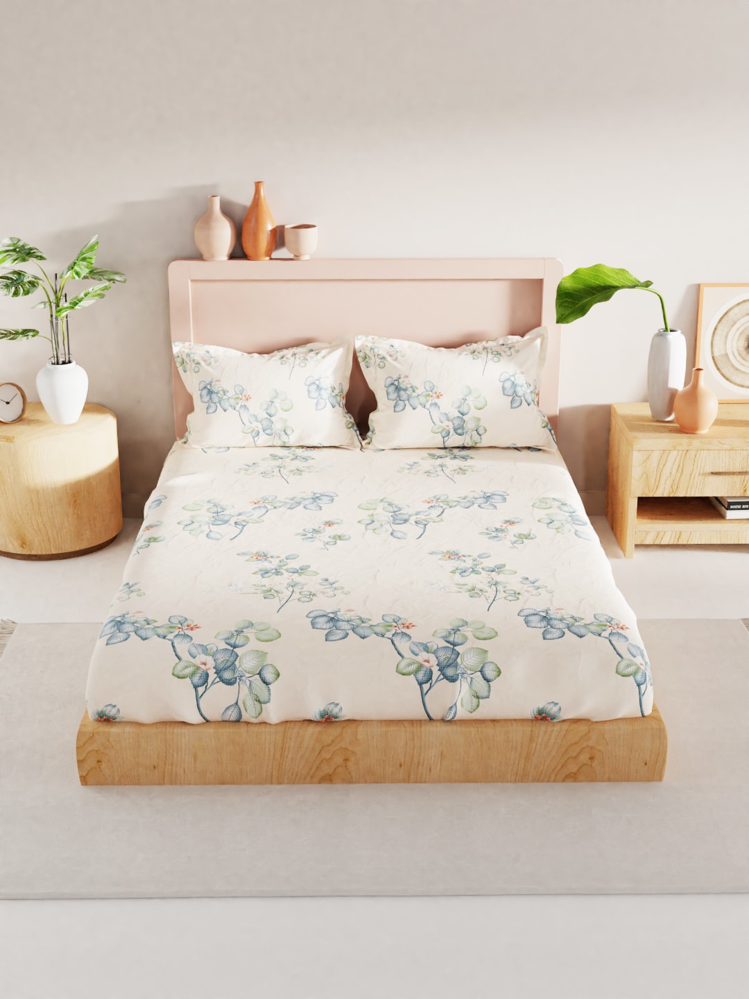 BIANCA Beige & Green Floral 186 TC King Bedsheet with 2 Pillow Covers | Grocsy