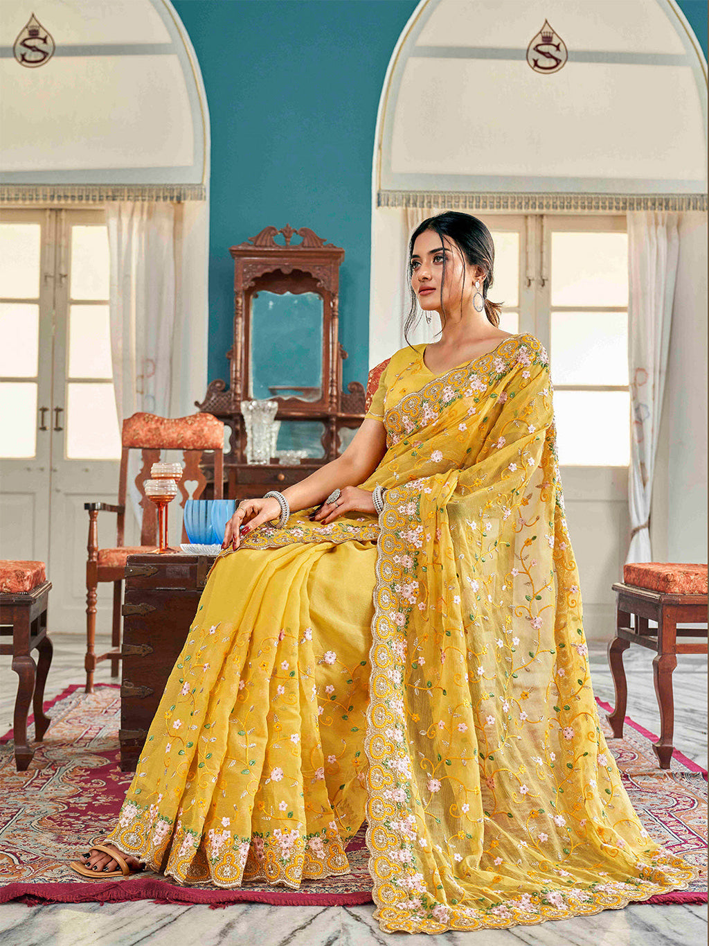 Tikhi Imli Yellow Ethnic Motifs Beads and Stones Embroidered Saree | Grocsy