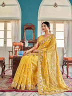 Tikhi Imli Yellow Ethnic Motifs Beads and Stones Embroidered Saree | Grocsy