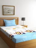 Home Sizzler White & Blue Cartoon Characters 210 TC Single Bedsheet with 1 Pillow Covers | Grocsy