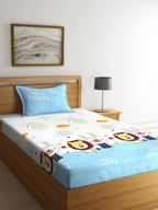 Home Sizzler White & Blue Cartoon Characters 210 TC Single Bedsheet with 1 Pillow Covers | Grocsy