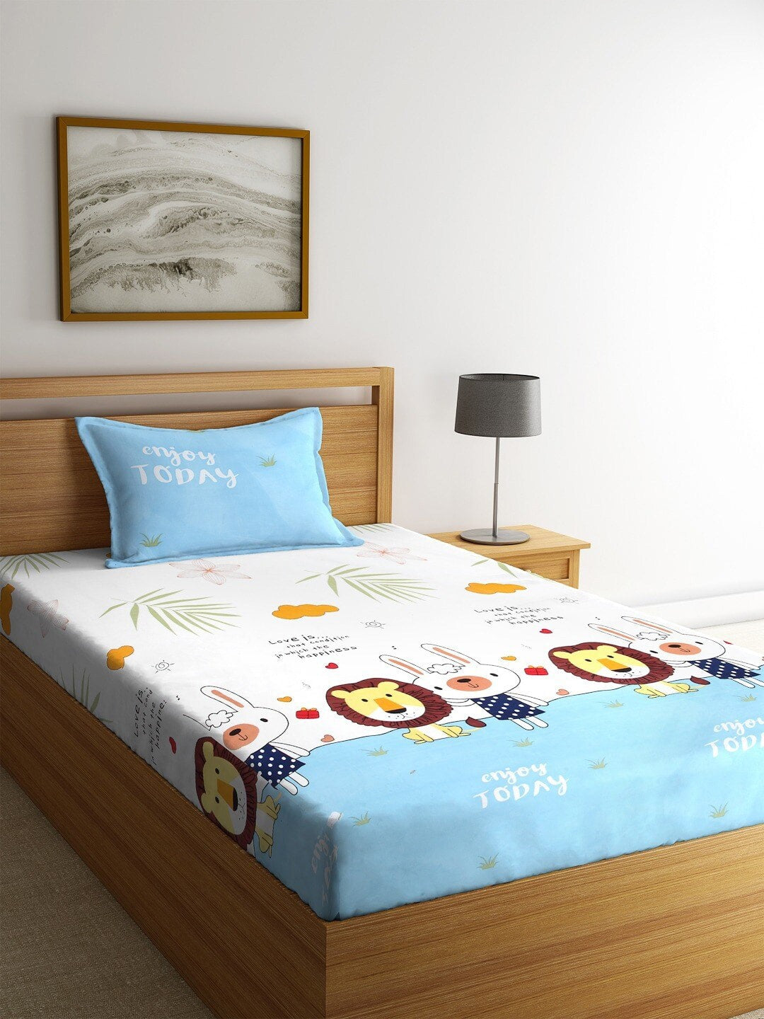 Home Sizzler White & Blue Cartoon Characters 210 TC Single Bedsheet with 1 Pillow Covers | Grocsy