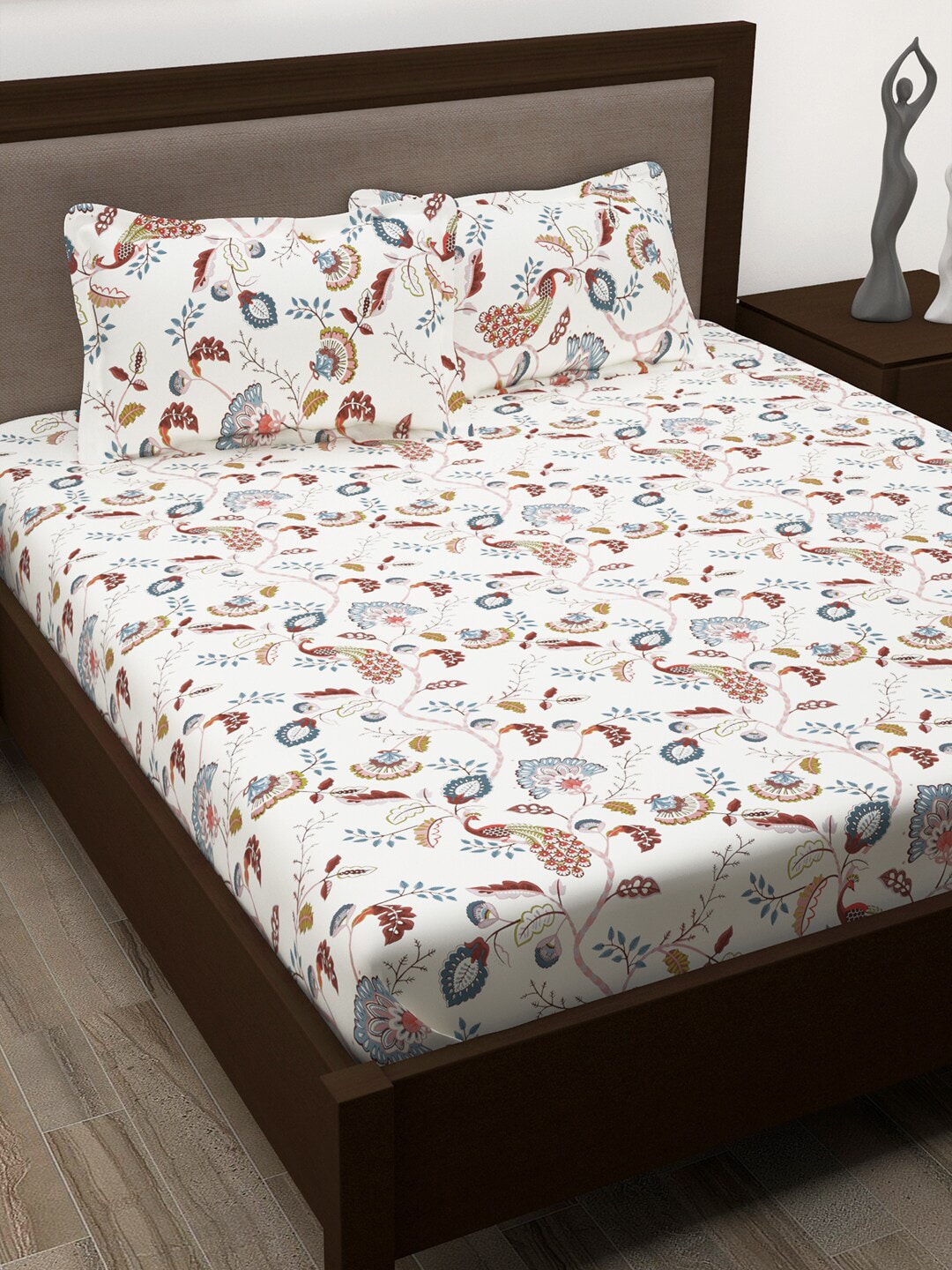 Story@home White & Yellow Ethnic Motifs Cotton 186 TC Queen Bedsheet With 2 Pillow Covers | Grocsy