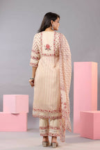Juniper Women Ecru Muslin Floral Printed Kurta, Pants and Dupatta Set | Grocsy