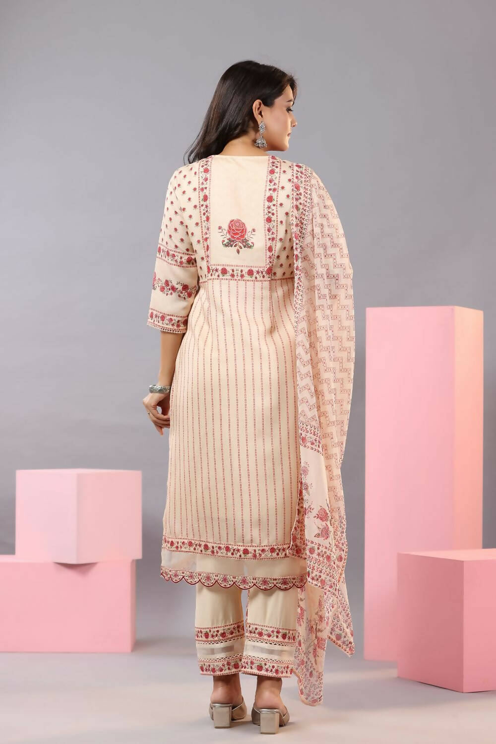 Juniper Women Ecru Muslin Floral Printed Kurta, Pants and Dupatta Set | Grocsy