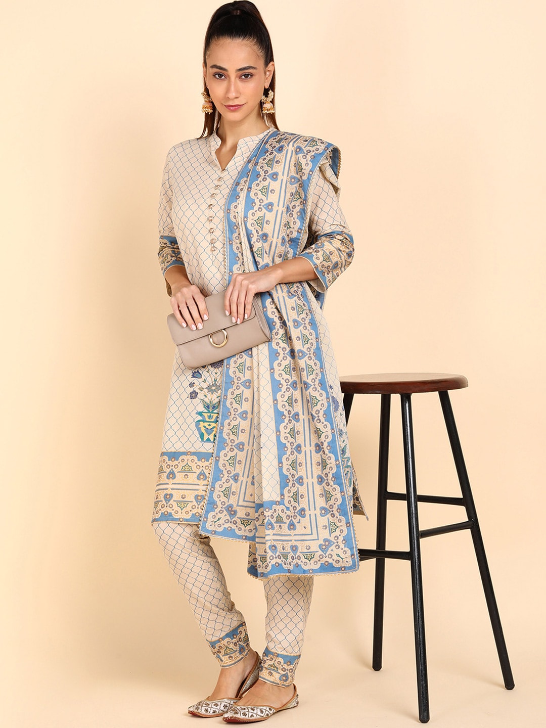 HERE&NOW Women Blue Floral Printed Pure Cotton Kurta with Trousers & With Dupatta | Grocsy