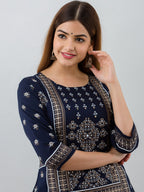 HERE&NOW Navy Blue Ethnic Motifs Printed Kurta with Trousers | Grocsy
