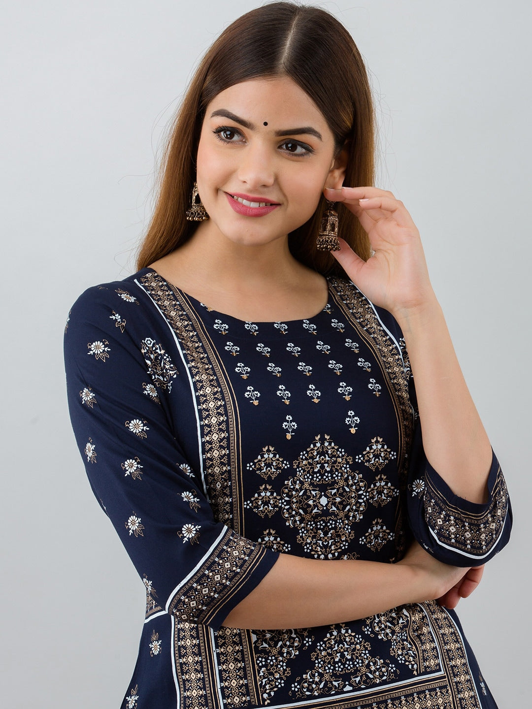 HERE&NOW Navy Blue Ethnic Motifs Printed Kurta with Trousers | Grocsy