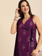 All About You Women Purple Ethnic Motifs Foil Printed Angrakha Kurta Set | Grocsy