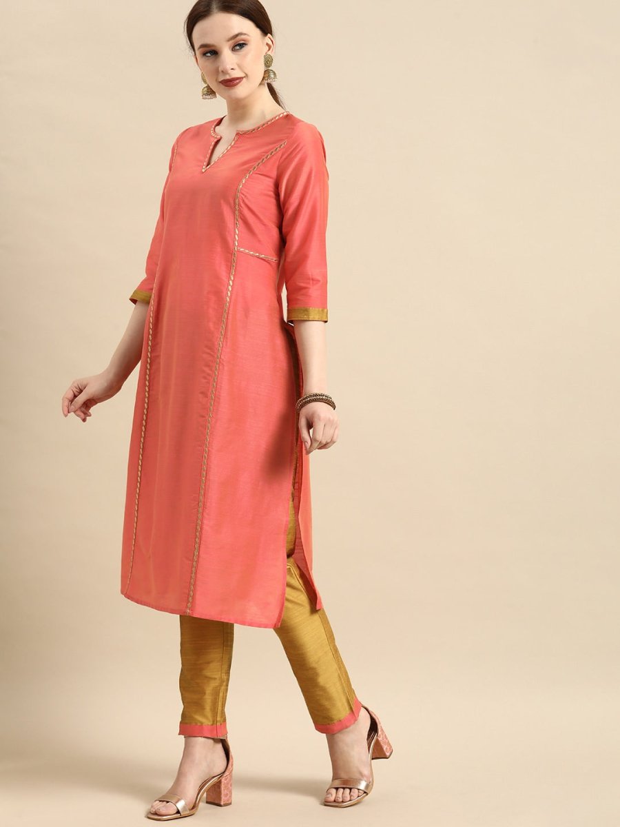 All About You Women Peach-Coloured Embroidered Kurta with Trousers | Grocsy
