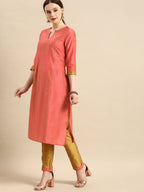All About You Women Peach-Coloured Embroidered Kurta with Trousers | Grocsy