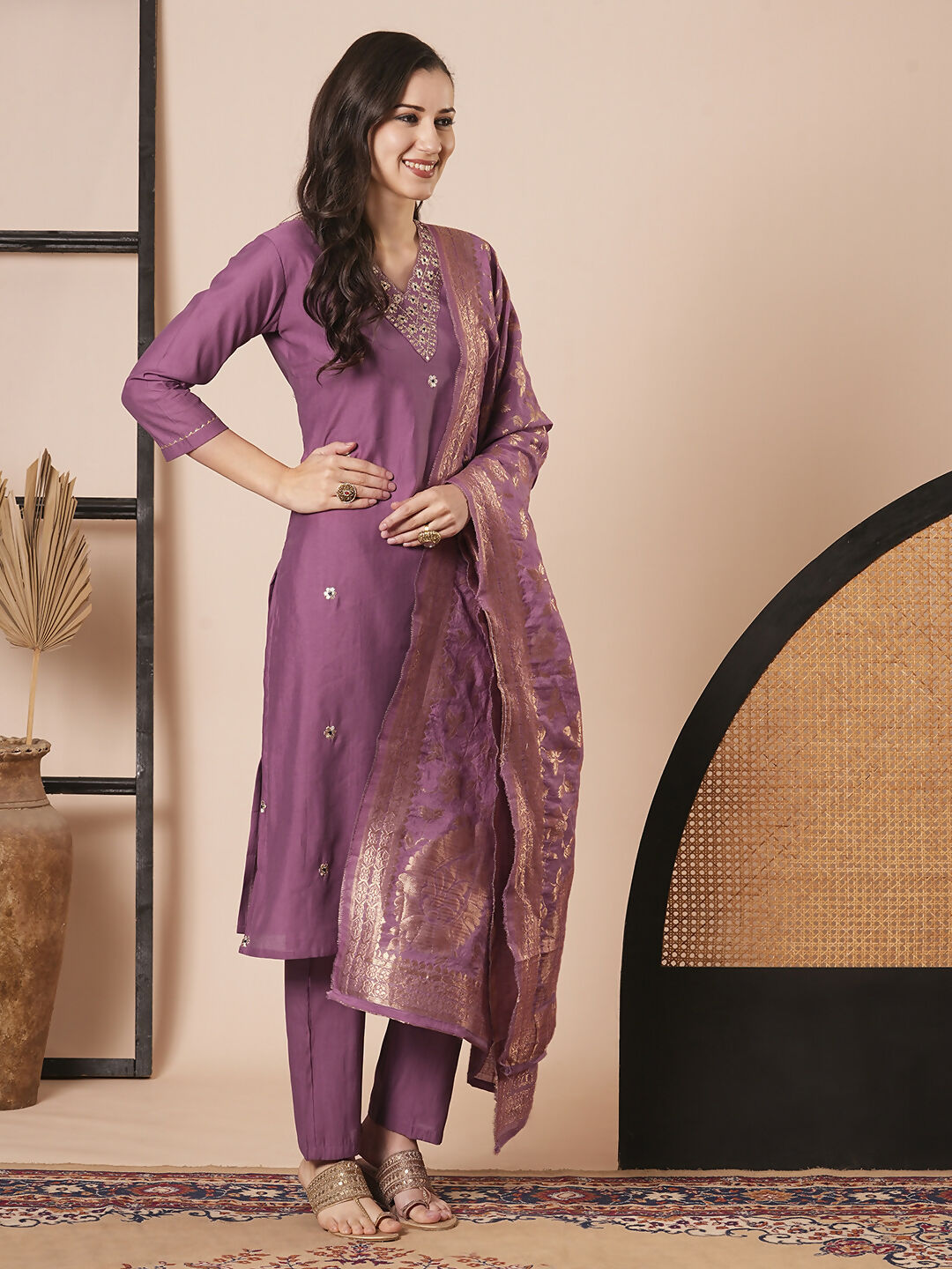 Mouve PV Chanderi Embroidery Work Kurta Set - Riya | Grocsy