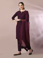 Myshka Women's Magenta Embroidered Cotton Straight Party Kurta Set With Dupatta | Grocsy
