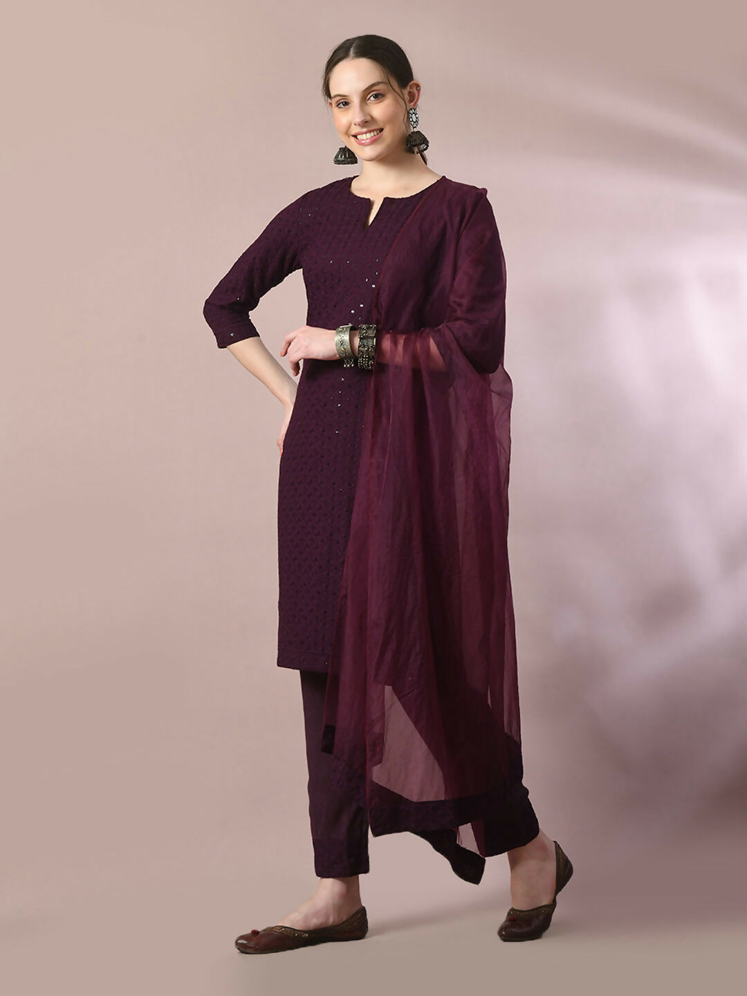 Myshka Women's Magenta Embroidered Cotton Straight Party Kurta Set With Dupatta | Grocsy