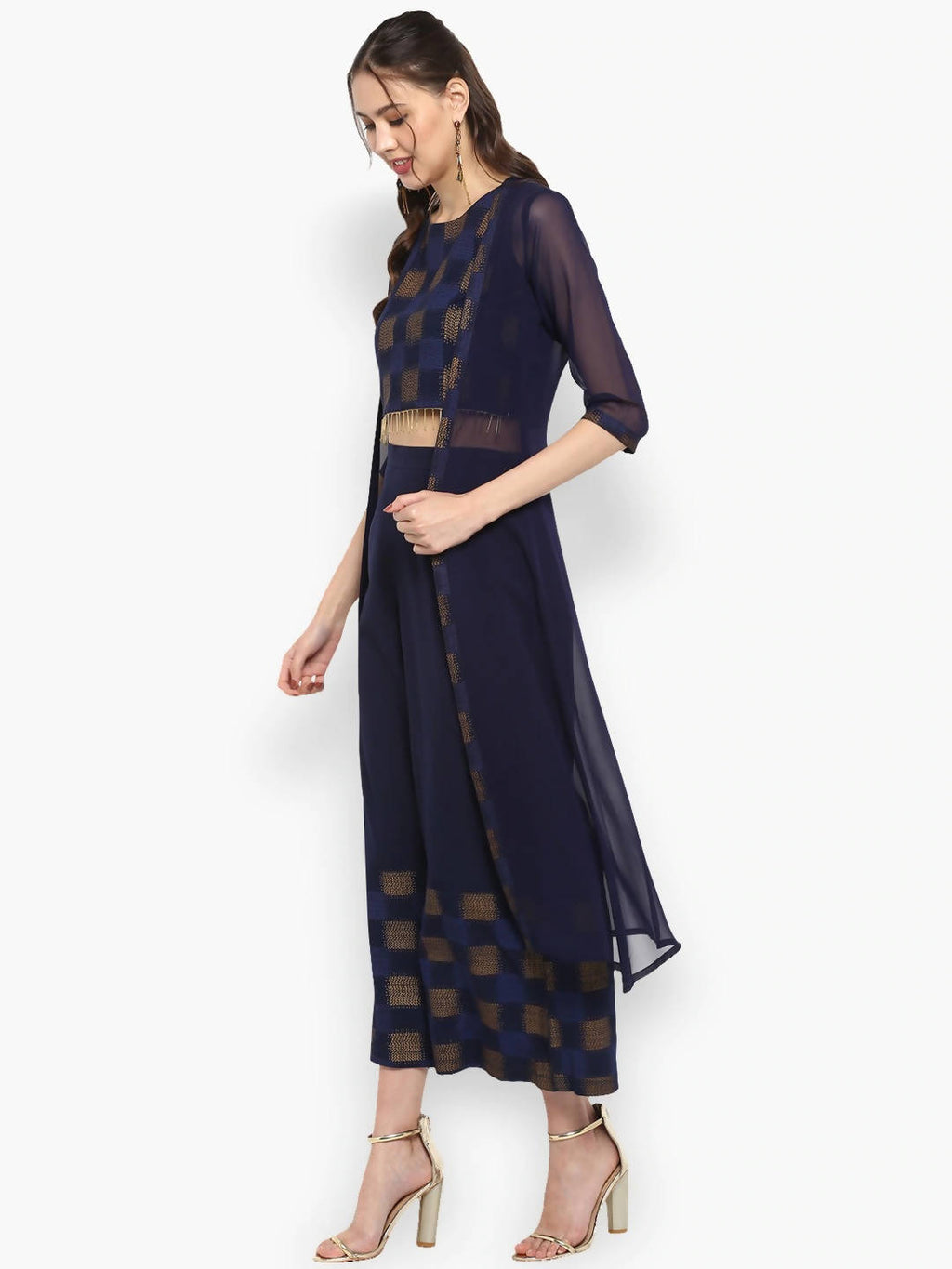 Janasya Women Navy Blue Printed Top with Palazzos | Grocsy