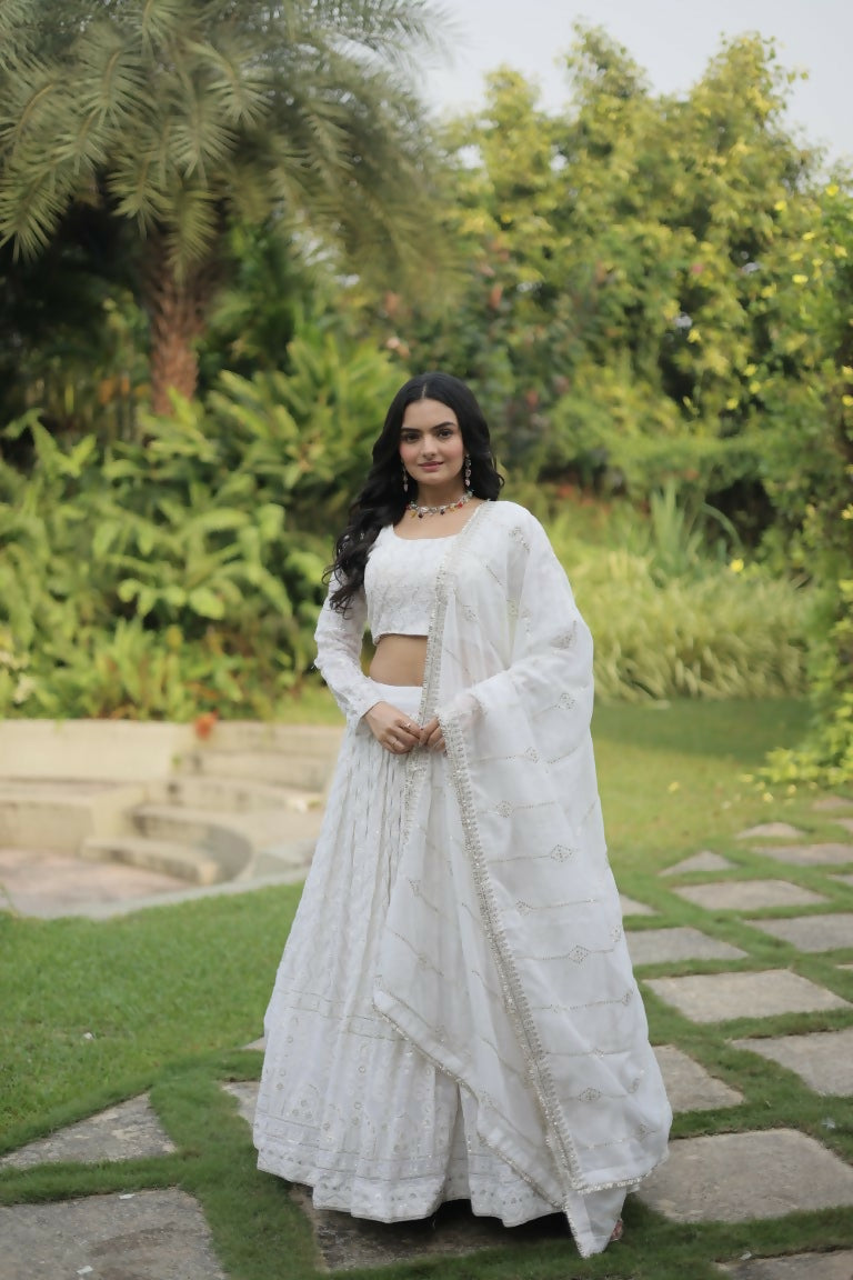 Vastranavya Faux Georgette With Sequins & Thread Embroidered Work Lehenga Choli - White | Grocsy