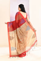 Piyari Fashion Women's Maroon Temple Border Embellished Cotton Blend Jamdani Saree | Grocsy
