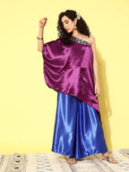 InWeave Women's Wine Navy Brocade Satin Oneshoulder Blue Palazzo Set | Grocsy