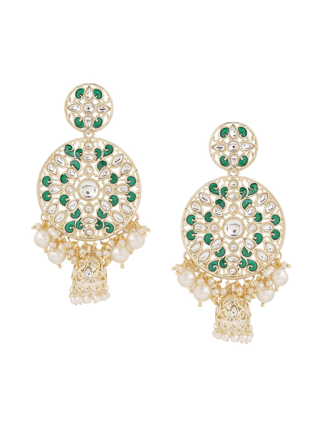 Shoshaa Green & Gold-Polished Kundan Studded Contemporary Jhumkas Earrings | Grocsy