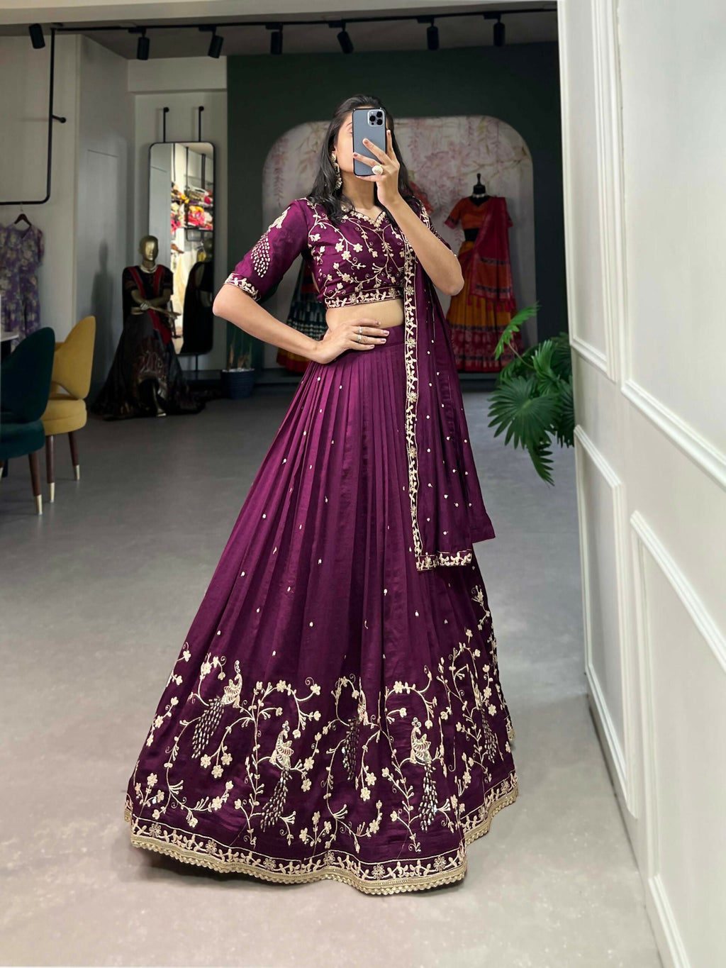 Vastranavya Vichitra Silk Sequins And Thread Embroidery Work Lehenga Choli - Wine | Grocsy
