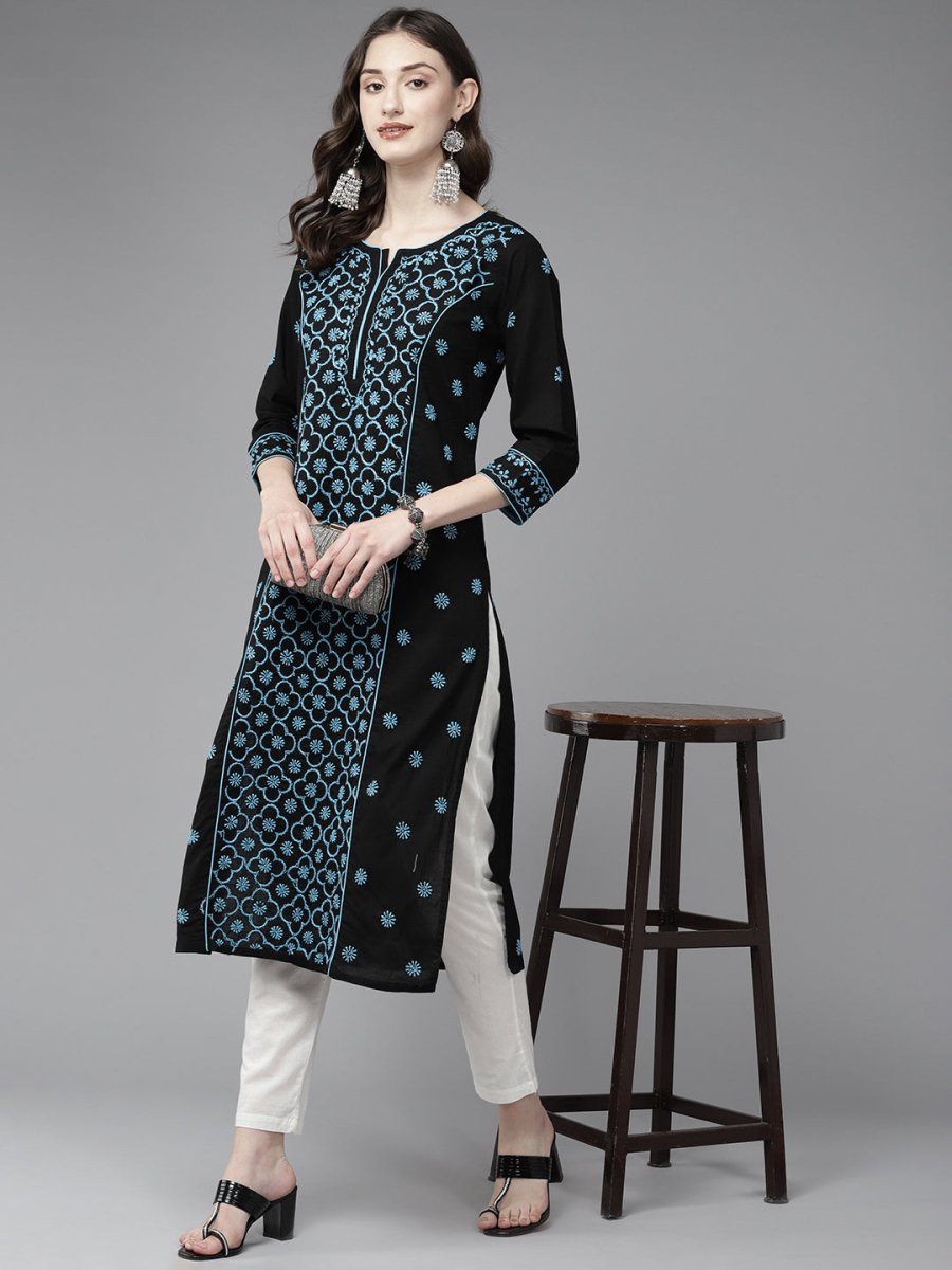 ADA Women Floral Embroidered Cotton Chikankari Kurta | Grocsy