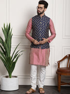 Sojanya Woven Design Mandarin Collar Kurta with Churidar & Nehru Jacket | Grocsy