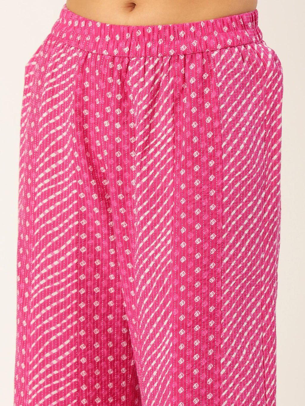HERE&NOW Women Pink Leheriya Printed Pure Cotton Kurti With Palazzo And Dupatta | Grocsy