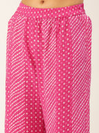 HERE&NOW Women Pink Leheriya Printed Pure Cotton Kurti With Palazzo And Dupatta | Grocsy