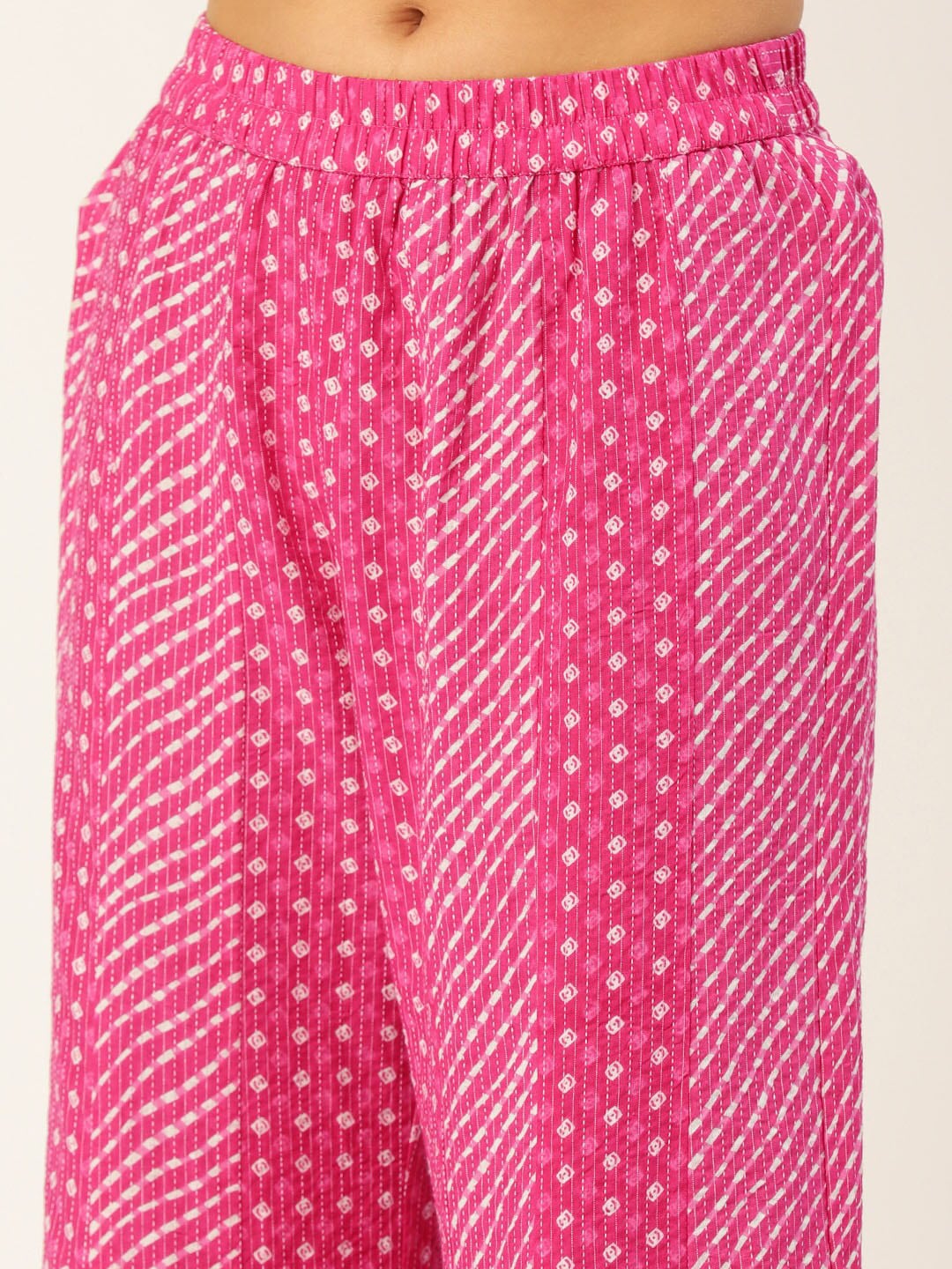 HERE&NOW Women Pink Leheriya Printed Pure Cotton Kurti With Palazzo And Dupatta | Grocsy