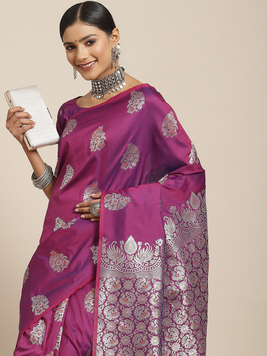 Saree Mall Magenta & Silver-Toned Floral Silk Blend Dharmavaram Saree | Grocsy