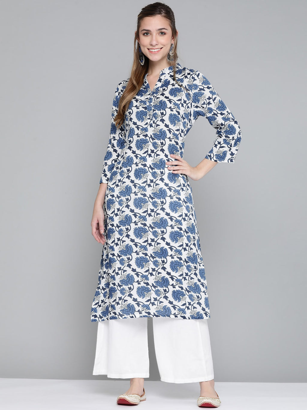 HERE&NOW Women White & Navy Blue Ethnic Motifs Printed Kurta | Grocsy