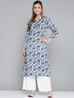 HERE&NOW Women White & Navy Blue Ethnic Motifs Printed Kurta | Grocsy