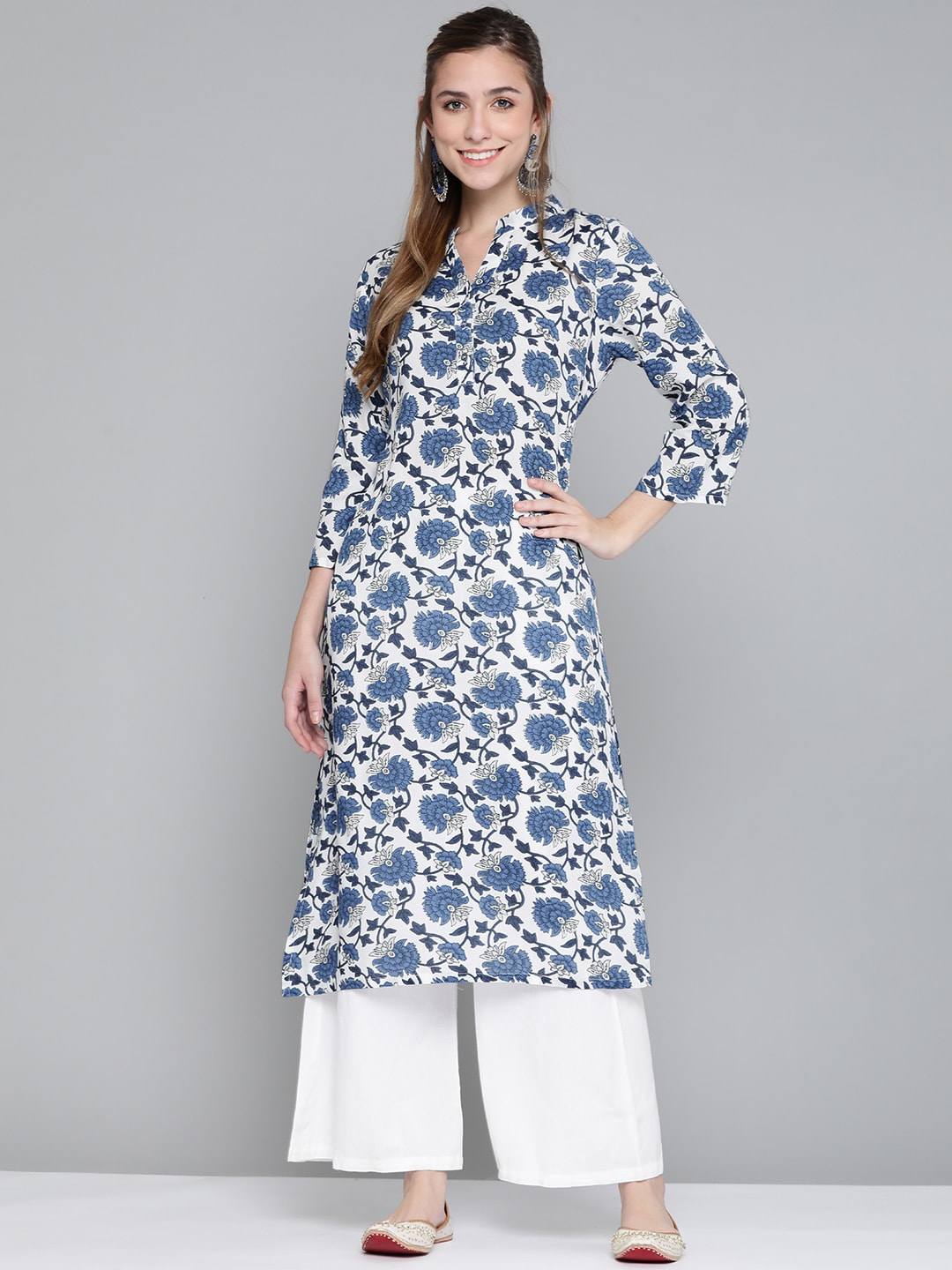 HERE&NOW Women White & Navy Blue Ethnic Motifs Printed Kurta | Grocsy