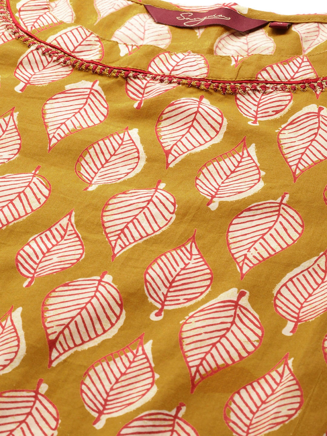 Sangria Women Mustard Yellow & Off-White Printed Kurta with Trousers | Grocsy