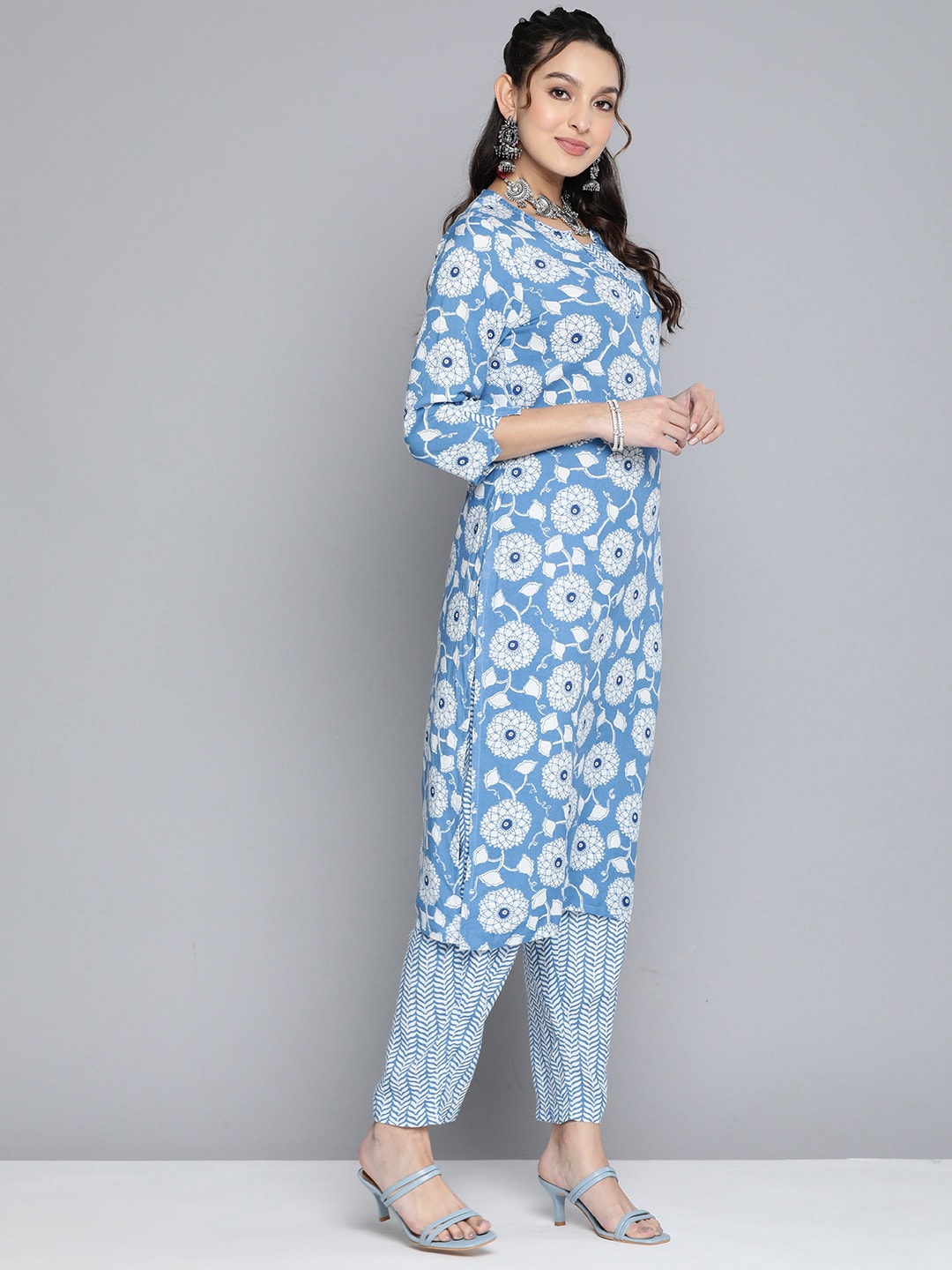 HERE&NOW Women Ethnic Motifs Printed Kantha Work Kurta With Trousers | Grocsy