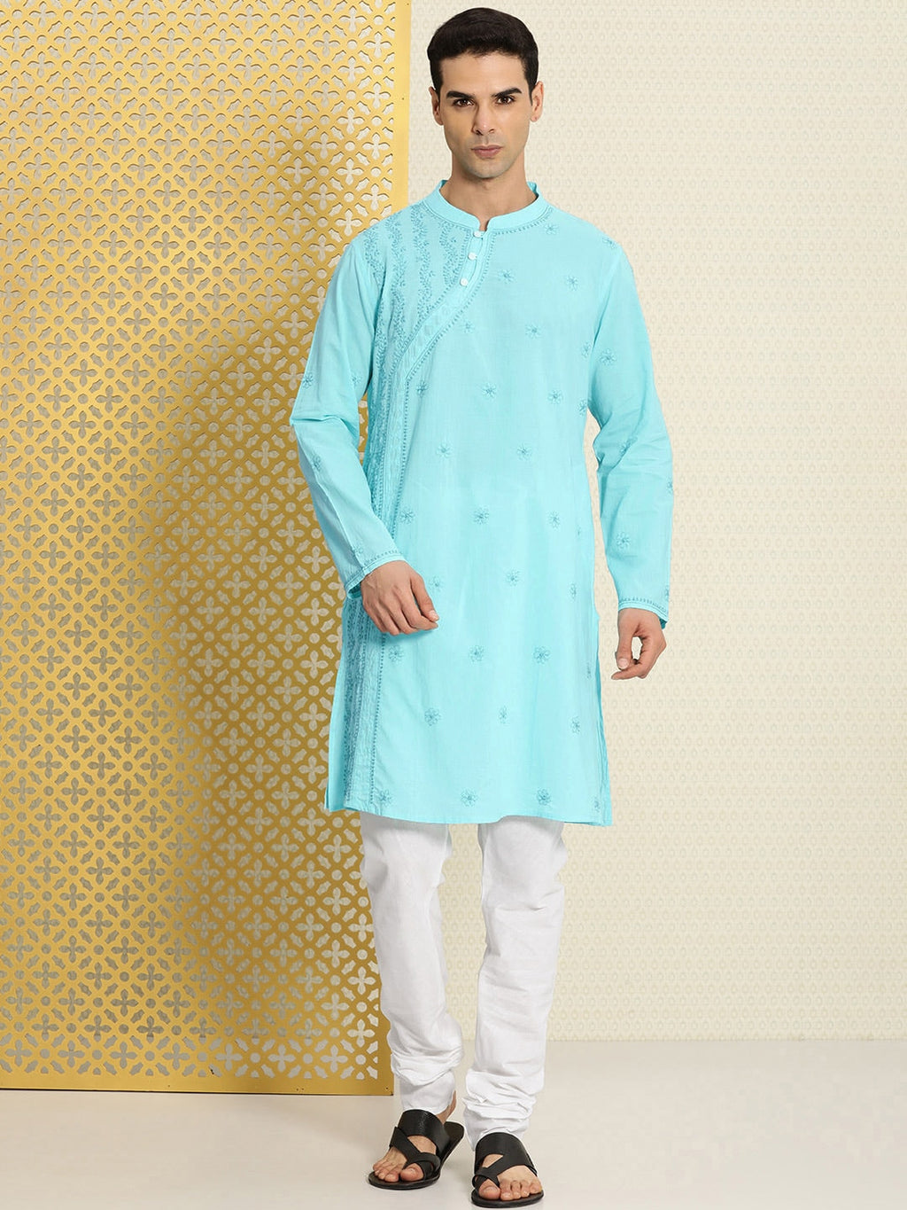 House of Pataudi Men Pure Cotton Embroidered Chikankari Jashn Kurta with Churidar | Grocsy