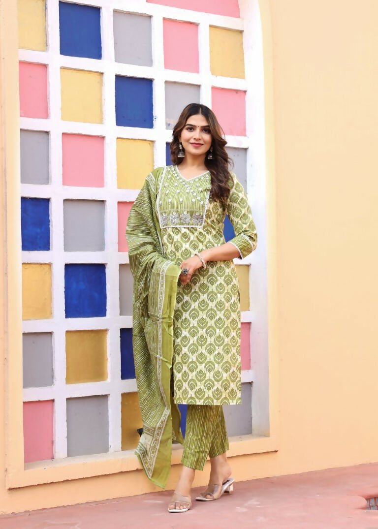 Alvano Printed 3Pcs Straight Kurti with Pant and Dupatta set for women and Girls Rayon (Light Green) | Grocsy