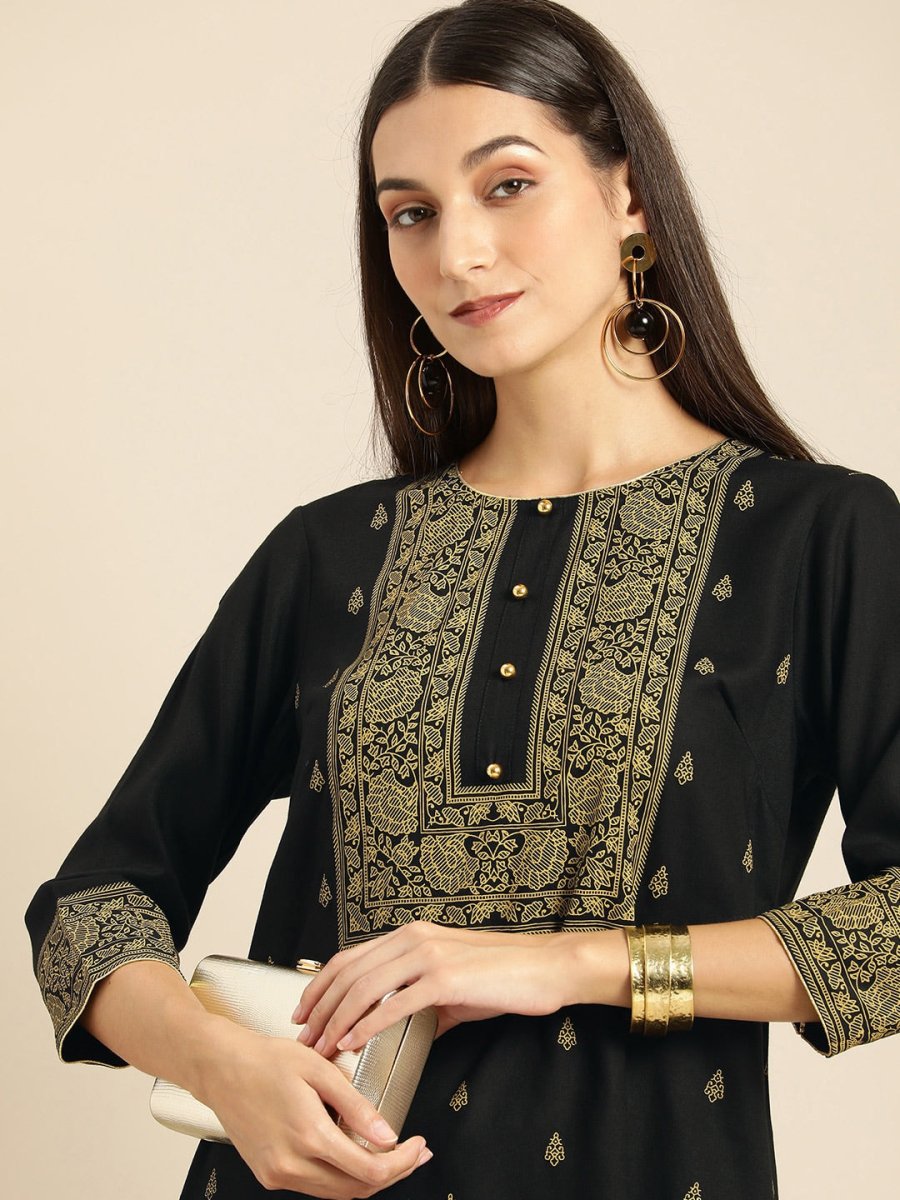All About You Women Black & Mustard Yellow Printed Kurta with Trousers | Grocsy