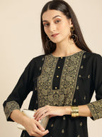 All About You Women Black & Mustard Yellow Printed Kurta with Trousers | Grocsy