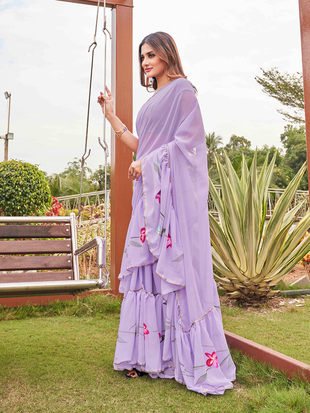 Tikhi Imli Printed Ruffle Saree With Mirror Embroidered Work Blouse | Grocsy