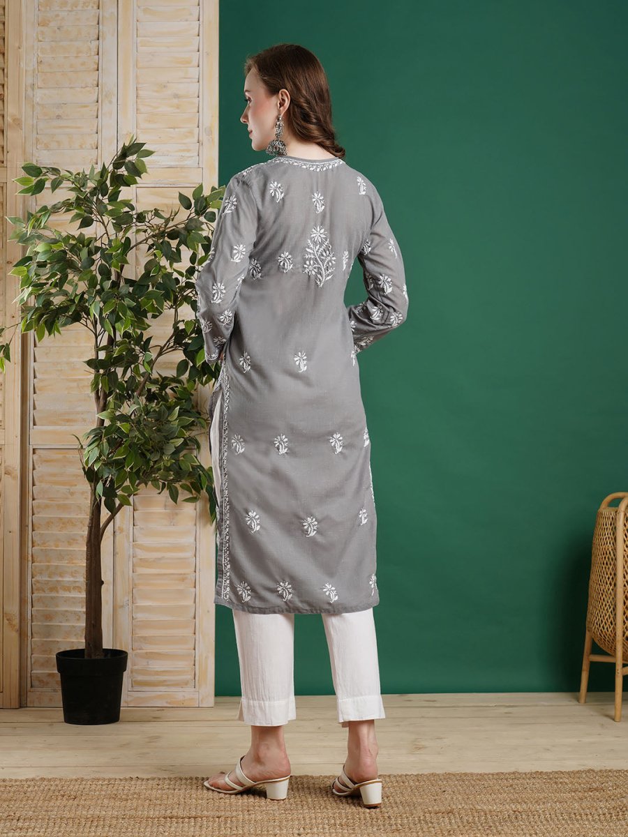 ADA Women Grey & White Chikankari Embroidered Straight Kurta | Grocsy