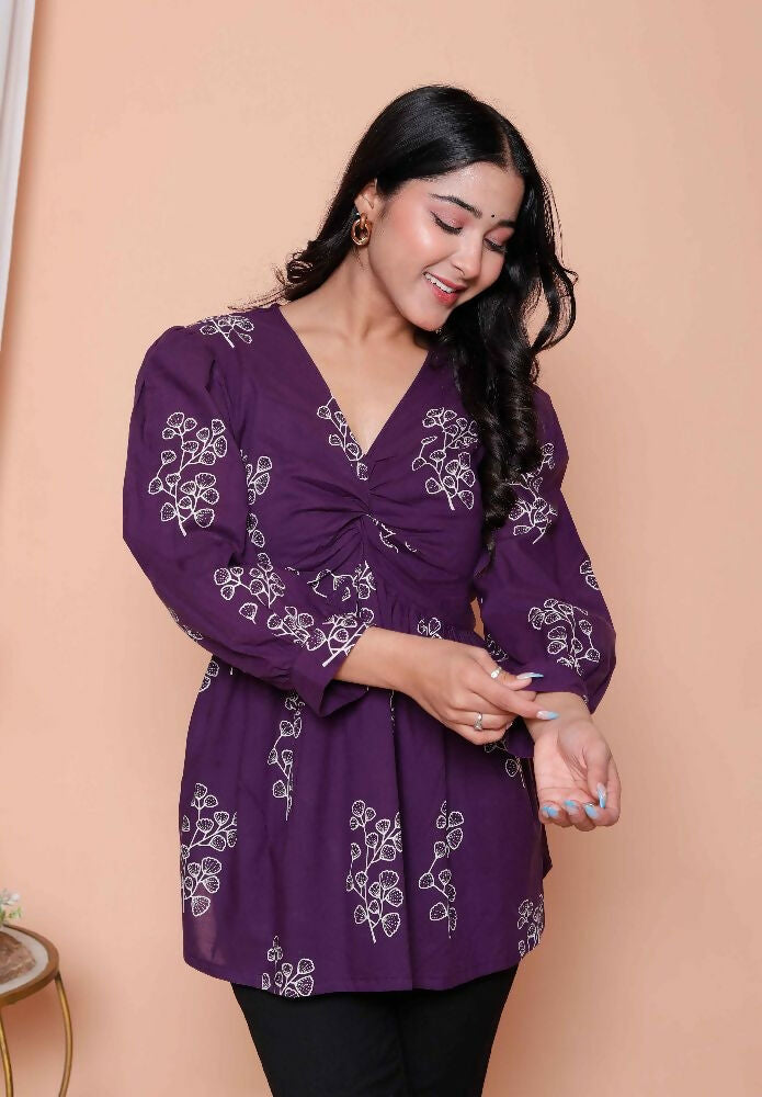 Miravan Womens Cotton Butterfly Style Floral Print V-Neck Top | Grocsy