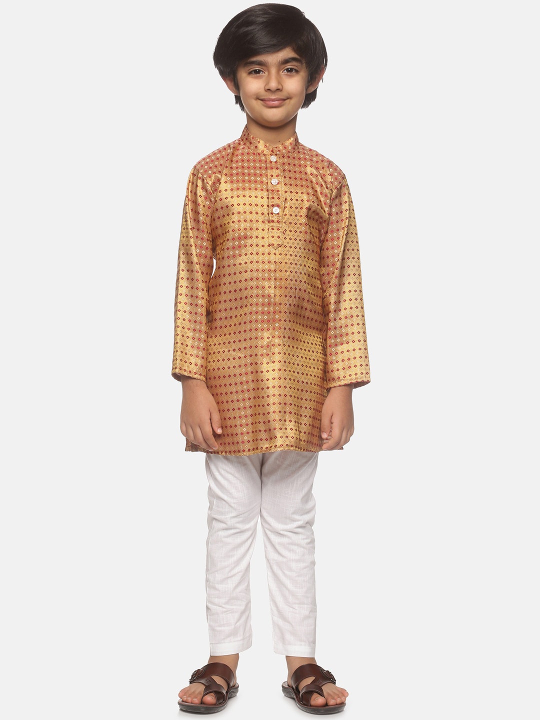 Sethukrishna Boys Gold-Toned & Red Printed Kurta with Pyjamas | Grocsy