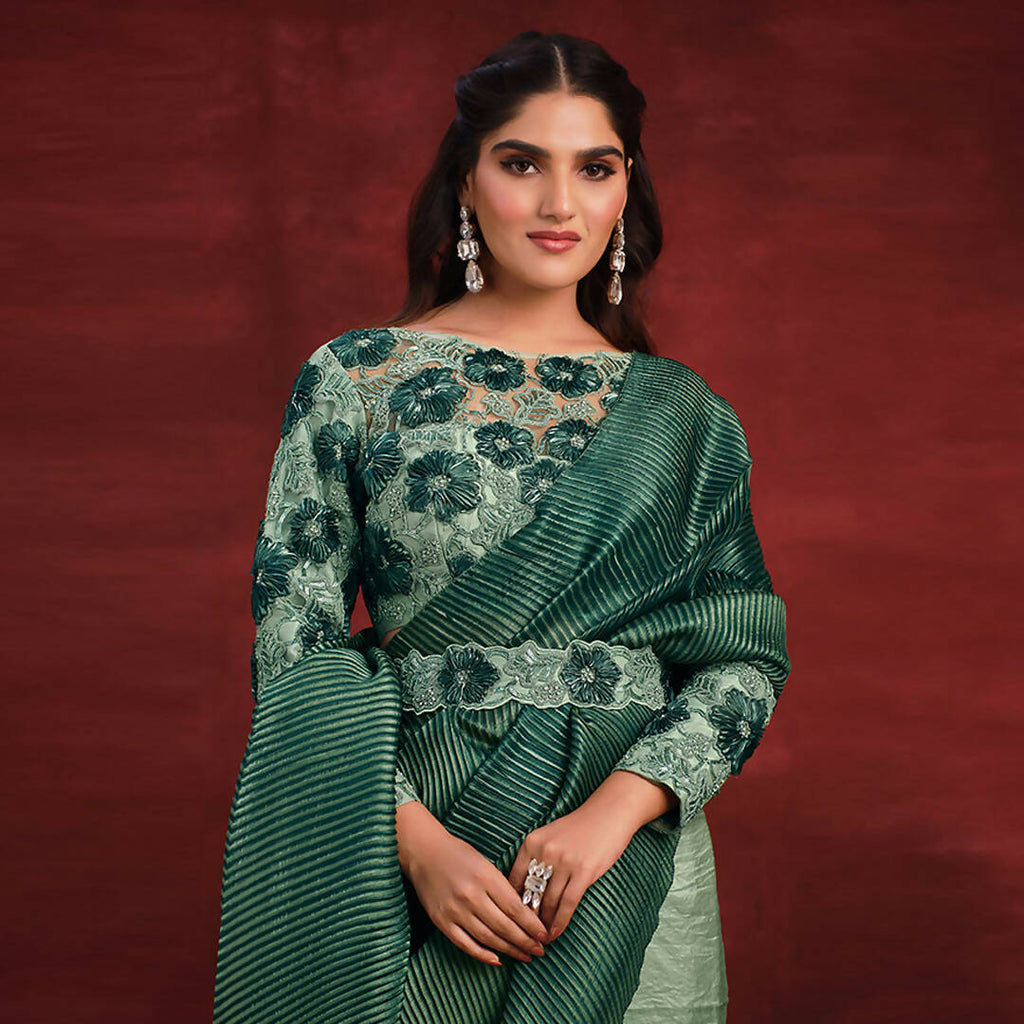 Sea Green Banarasi Crush Silk Sequence Thread & Stone Work/ Texture Pallu Saree - Mohmanthan Kimiya | Grocsy