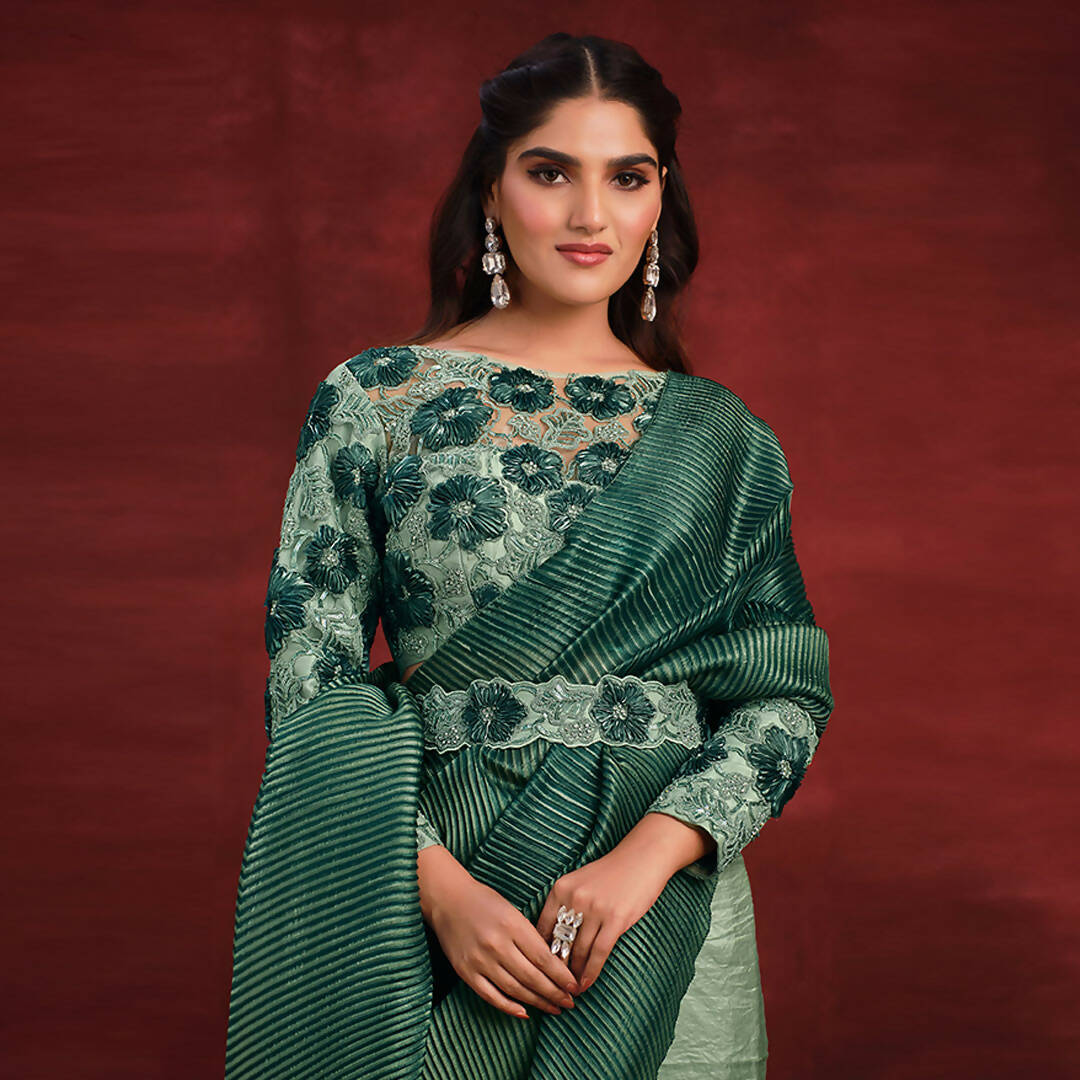 Sea Green Banarasi Crush Silk Sequence Thread & Stone Work/ Texture Pallu Saree - Mohmanthan Kimiya | Grocsy