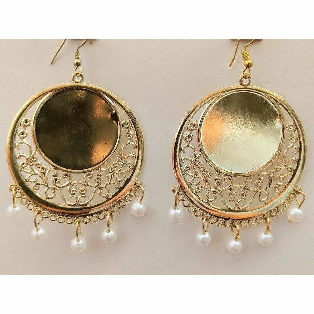 MS Fashion India White Glass Pearl Gold-Polished Mirror Bridal Wear Chandbali Earrings | Grocsy