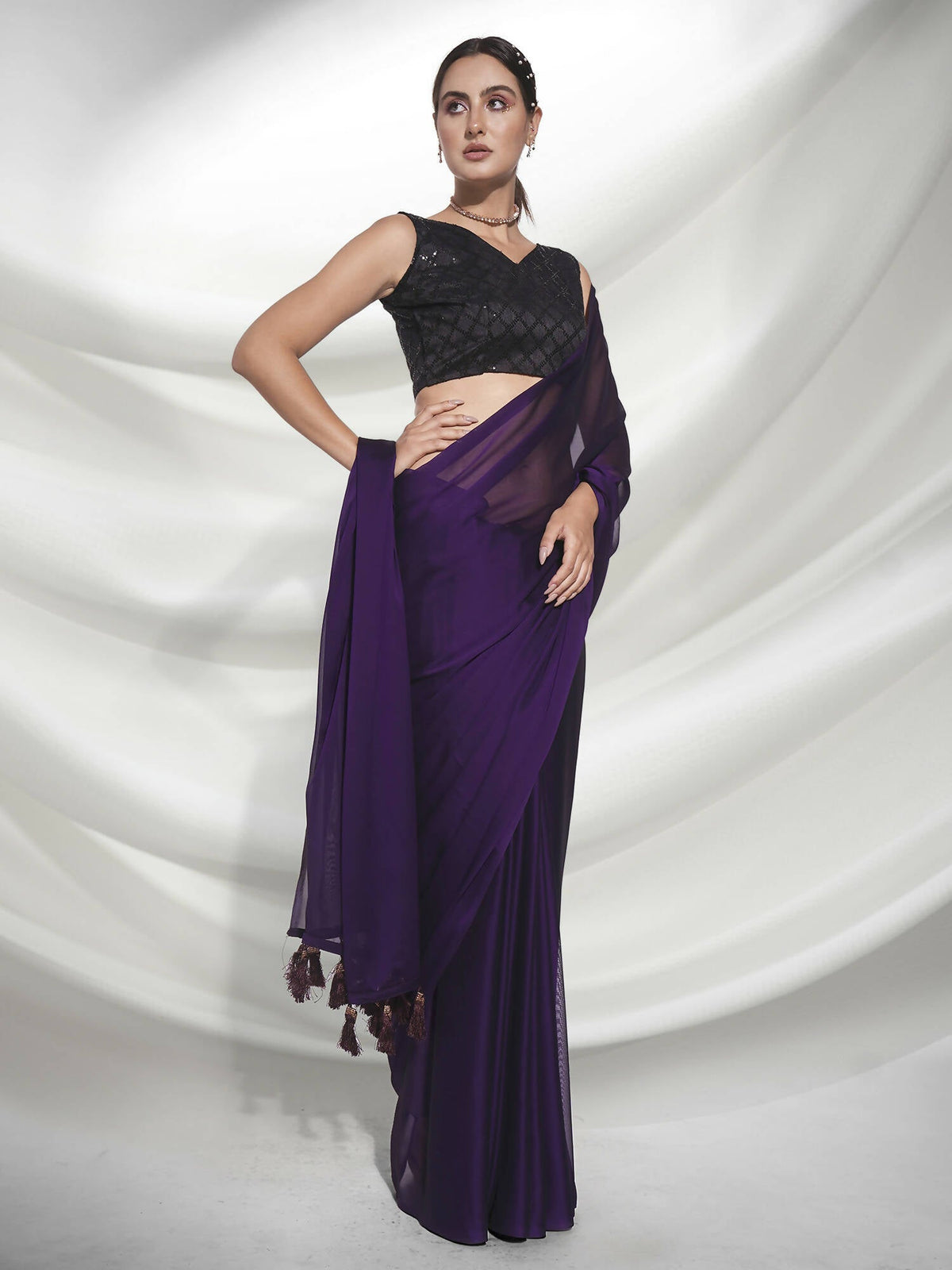 Purple Organza Solid Saree With Unstitched Blouse Piece - Shanaya | Grocsy