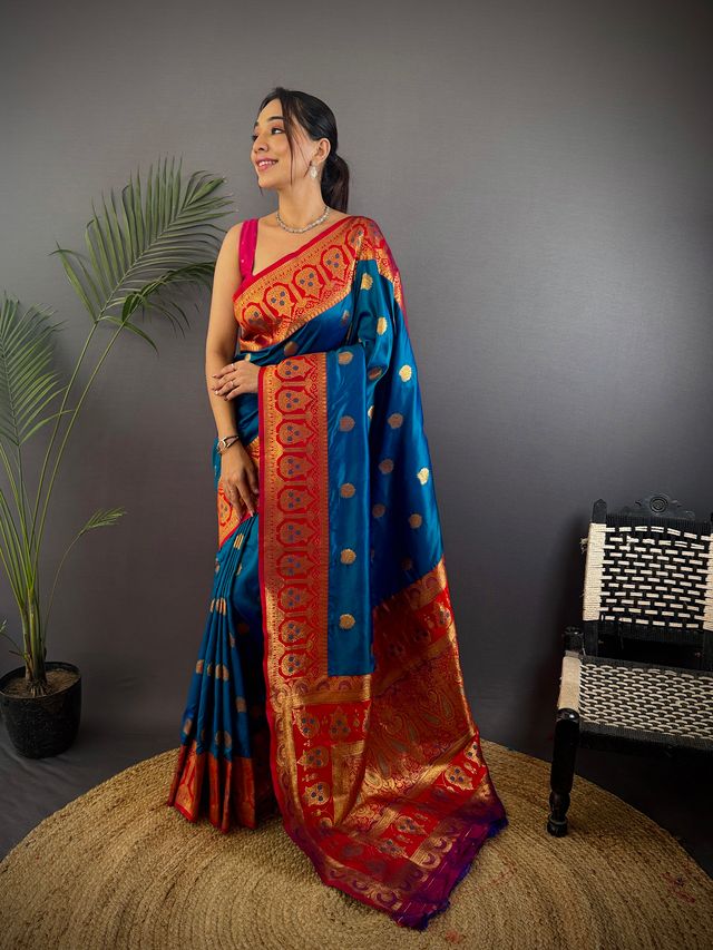 Elora Regal Blue Soft Silk Butti Zari Weaving Contrast Pallu Banarasi Saree | Grocsy